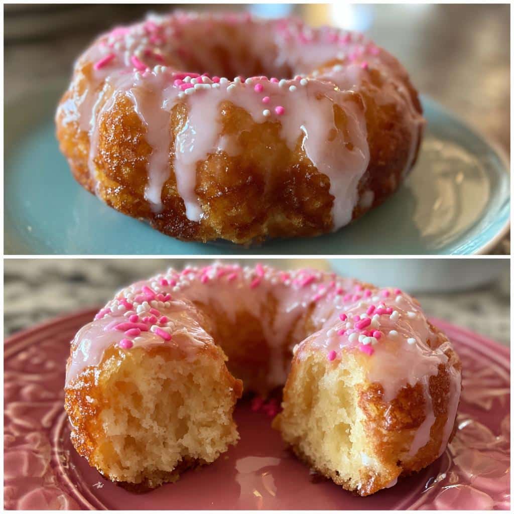 Two air fryer heart donuts, one whole and one sliced, with pink glaze and sprinkles.