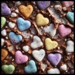 A close-up of candy heart chocolate bark, featuring colorful candy hearts embedded in rich chocolate.