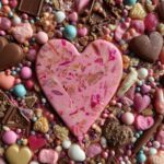 A close-up of candy heart chocolate bark featuring various heart-shaped candies, chocolate pieces, and colorful sprinkles.