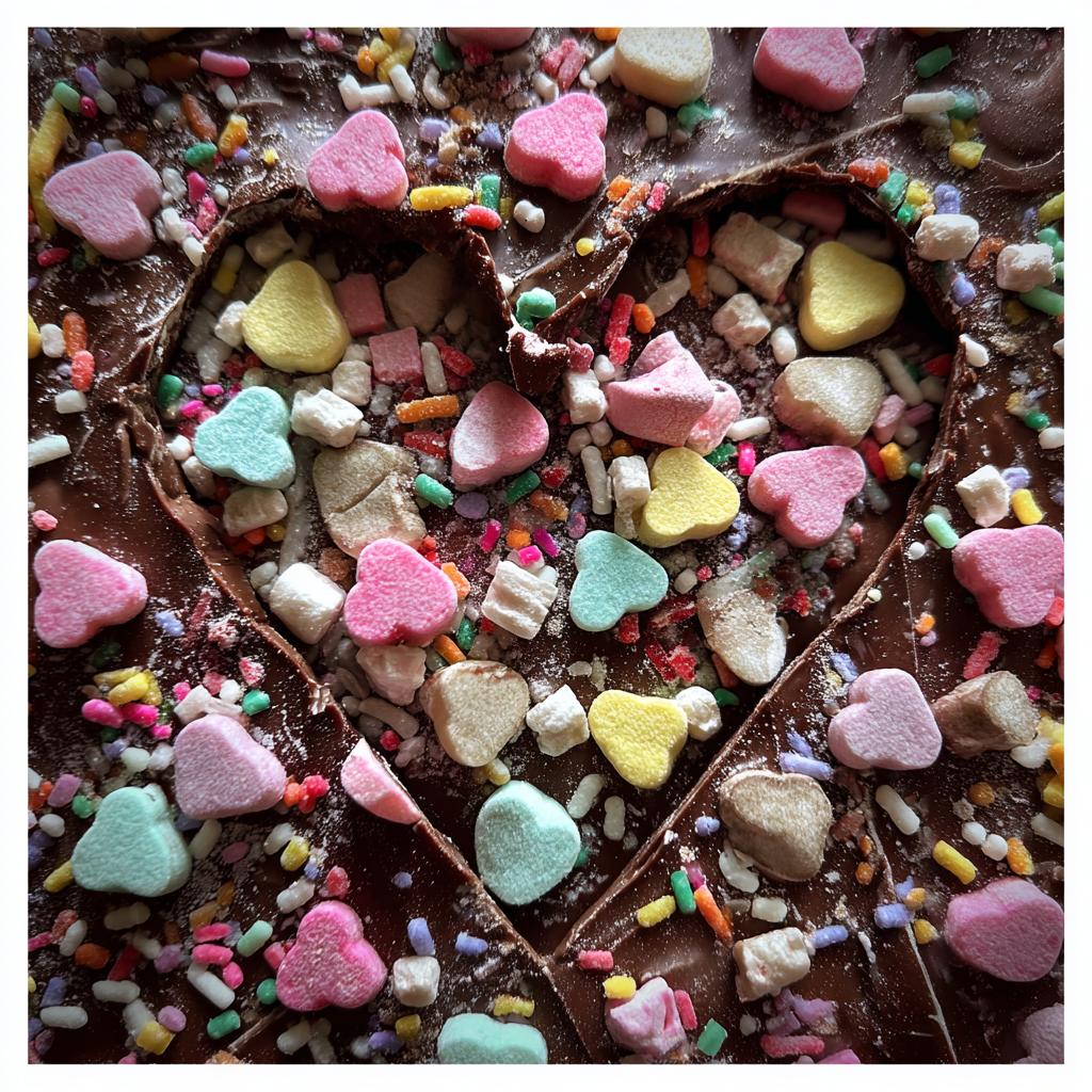 Close-up of candy heart chocolate bark with colorful candy hearts and sprinkles.