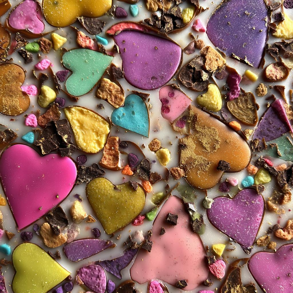 A close-up of Candy heart chocolate bark featuring colorful candy hearts and chocolate pieces on a white chocolate base.