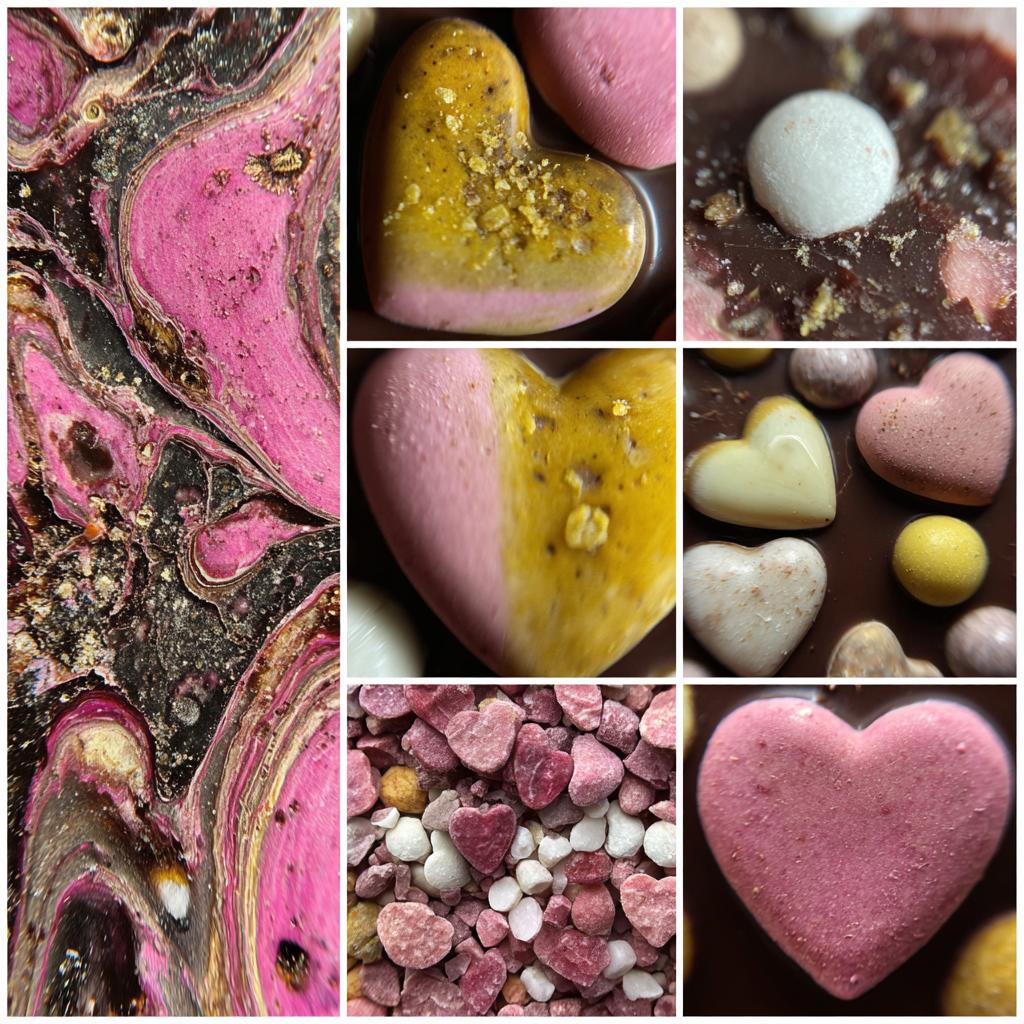 Collage of candy heart chocolate bark, showing the texture of the chocolate, candy hearts, and colorful swirls.