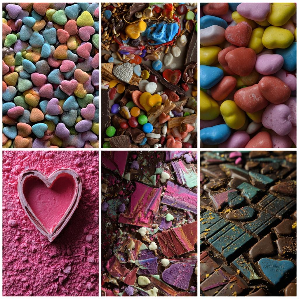 Collage of images showing the process of making candy heart chocolate bark, from ingredients to finished product.