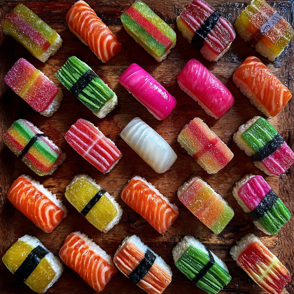 Overhead shot of a vibrant candy sushi board featuring various candy sushi pieces on a wooden tray.