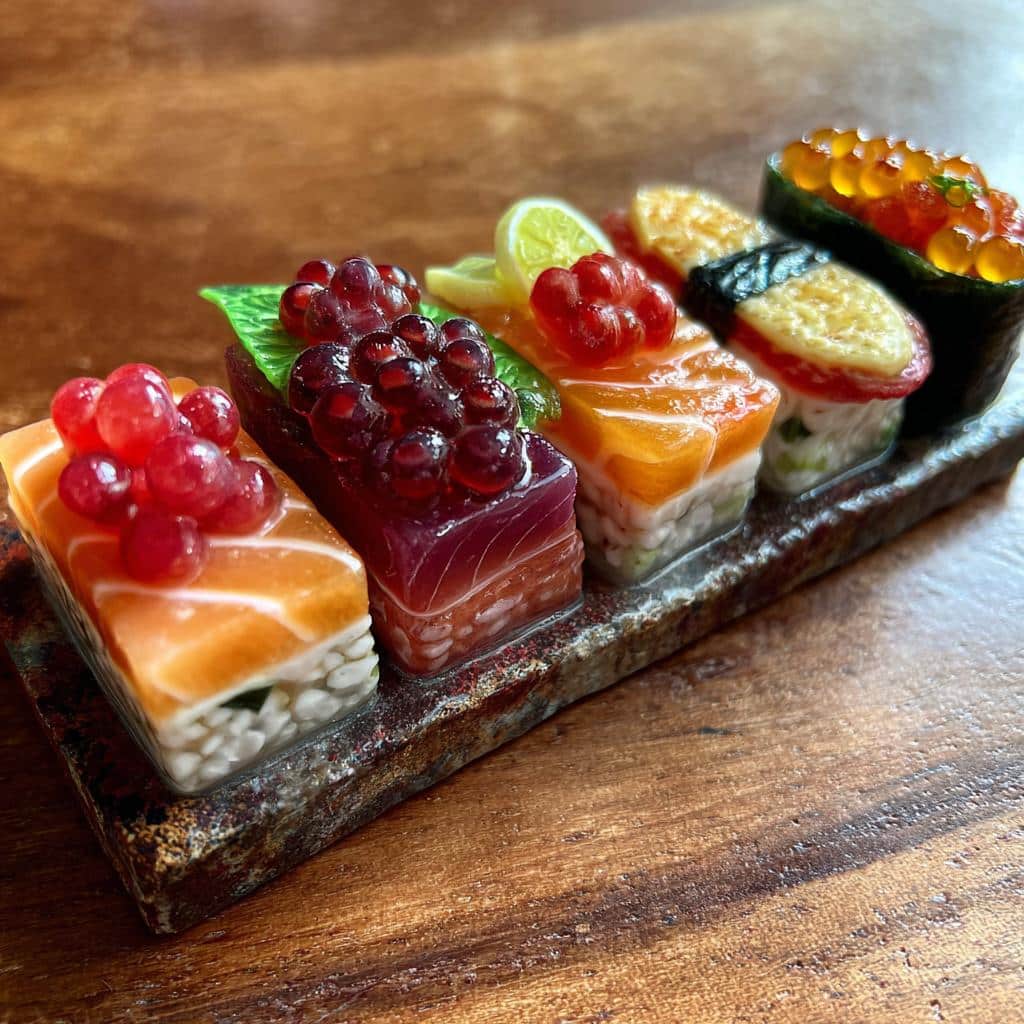 Close-up of a colorful candy sushi board with various candy sushi pieces on a decorative plate.