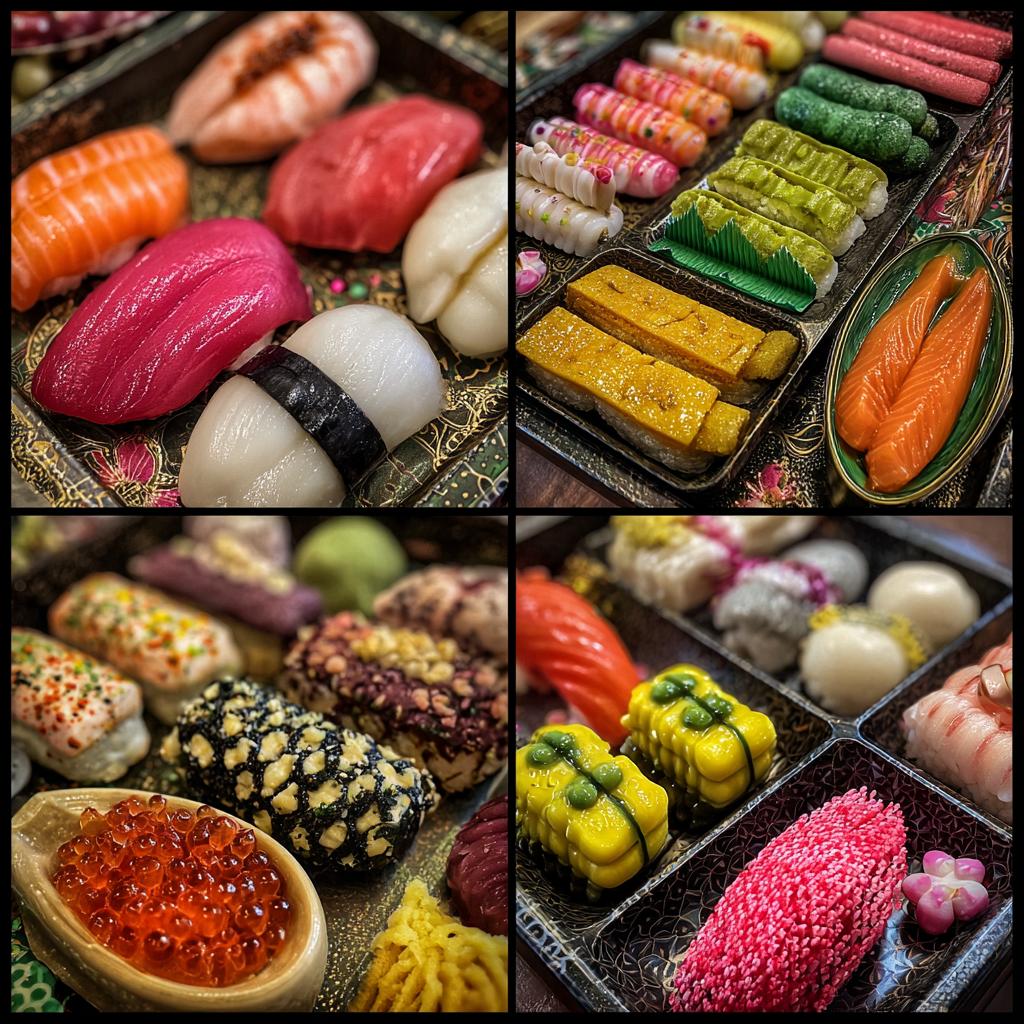 A vibrant candy sushi board featuring an assortment of colorful candy sushi pieces.