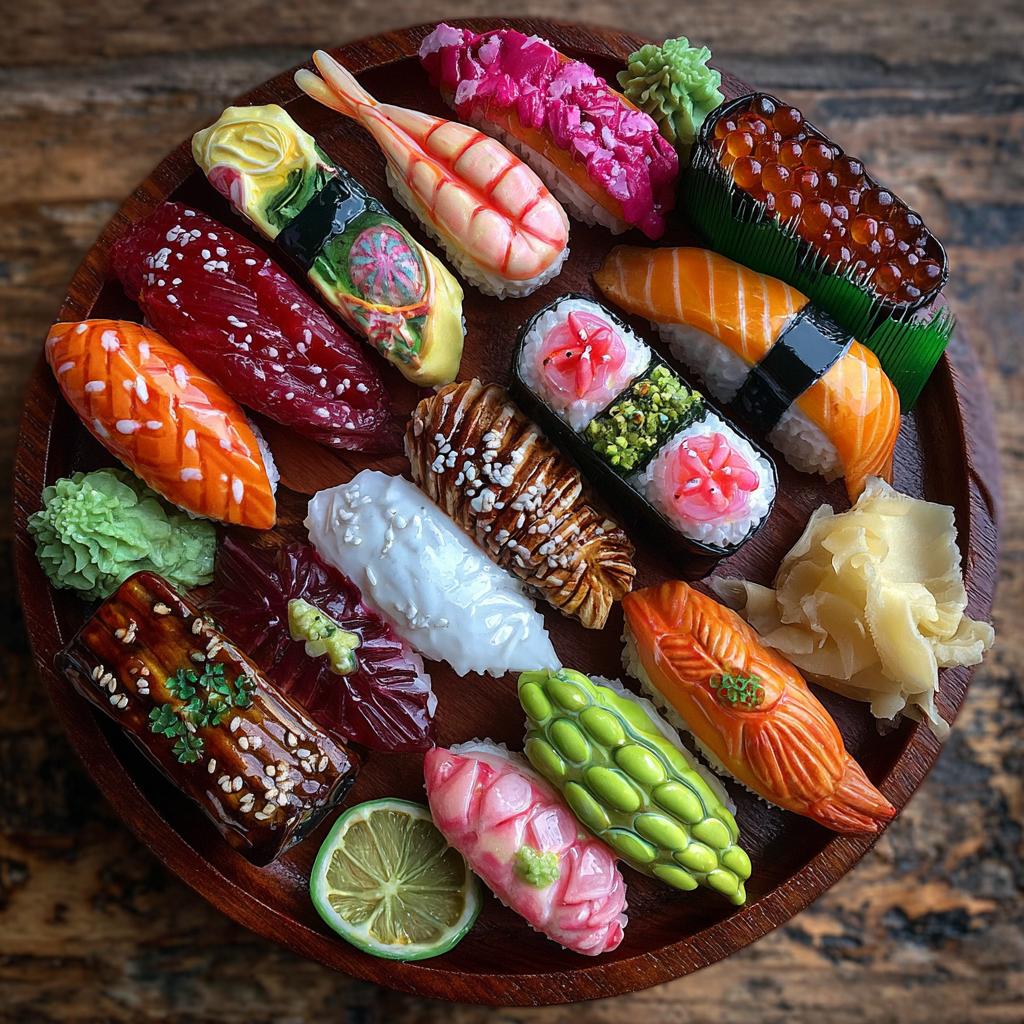 Overhead view of a colorful candy sushi board with various candy sushi pieces on a wooden platter.