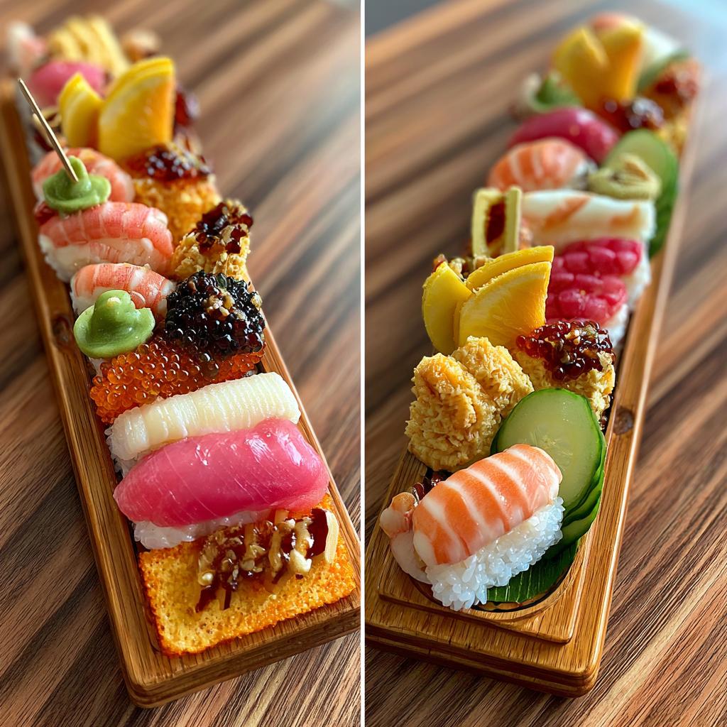 A colorful and creative candy sushi board featuring various candy sushi pieces.