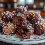 A stack of chocolate fudge bites covered in colorful sprinkles, some cut in half to show the inside.