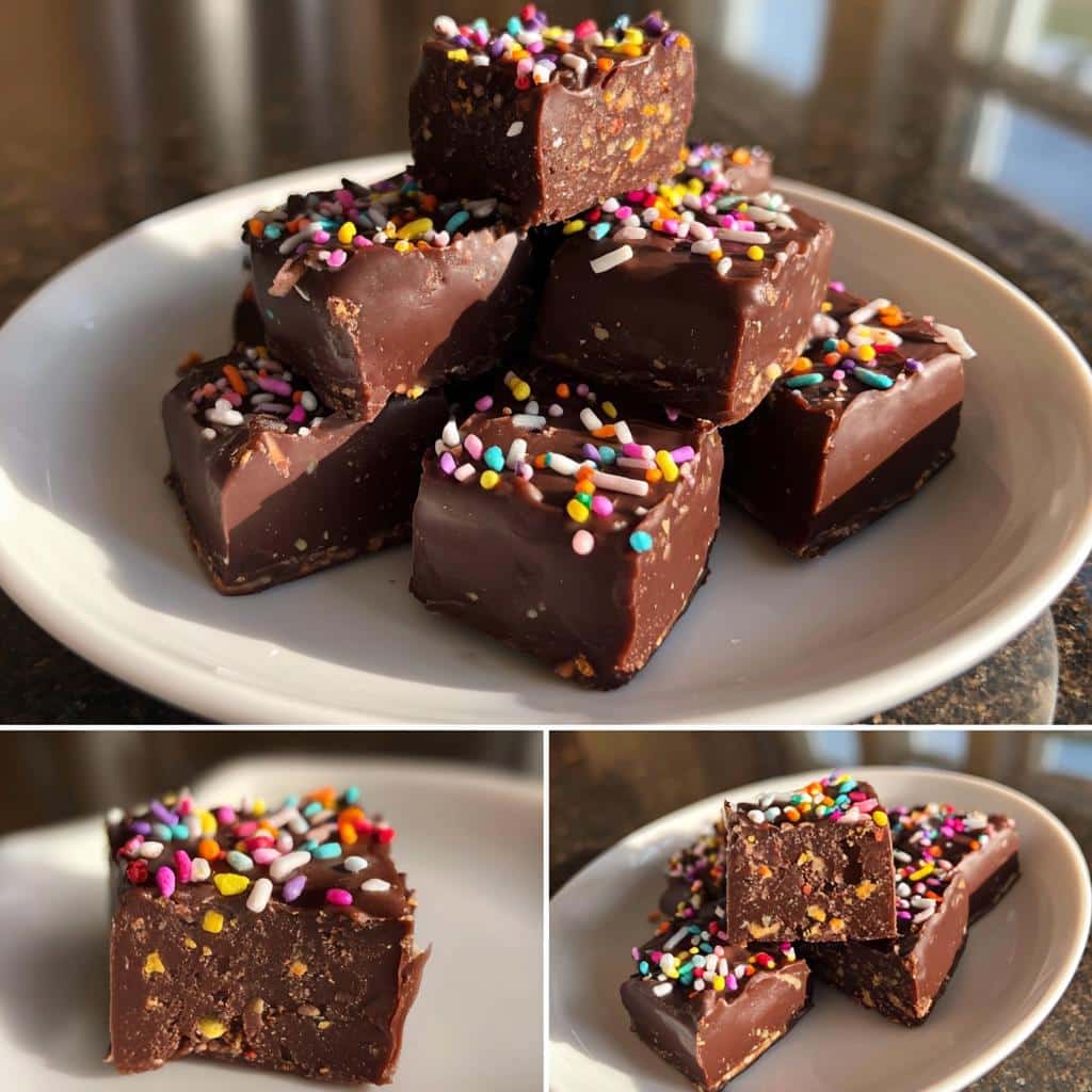 A stack of homemade chocolate fudge bites topped with colorful sprinkles on a white plate.