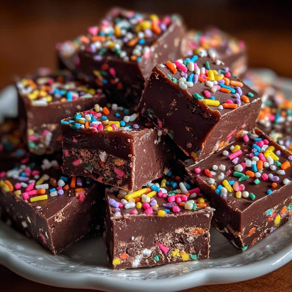 A stack of homemade chocolate fudge bites topped with colorful sprinkles on a white plate.
