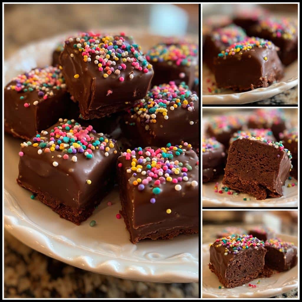 A plate of homemade chocolate fudge bites, topped with colorful sprinkles. Perfect for a sweet treat!