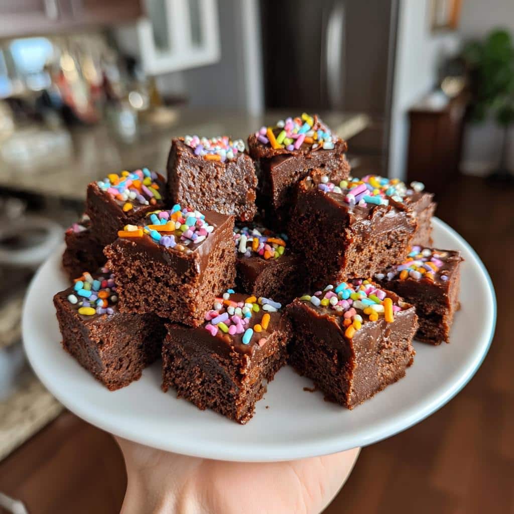 A hand holding a plate of homemade chocolate fudge bites topped with colorful sprinkles.