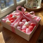 A Galentine’s candy gift box filled with pink, red, and white heart-shaped candies, tied with a decorative ribbon.