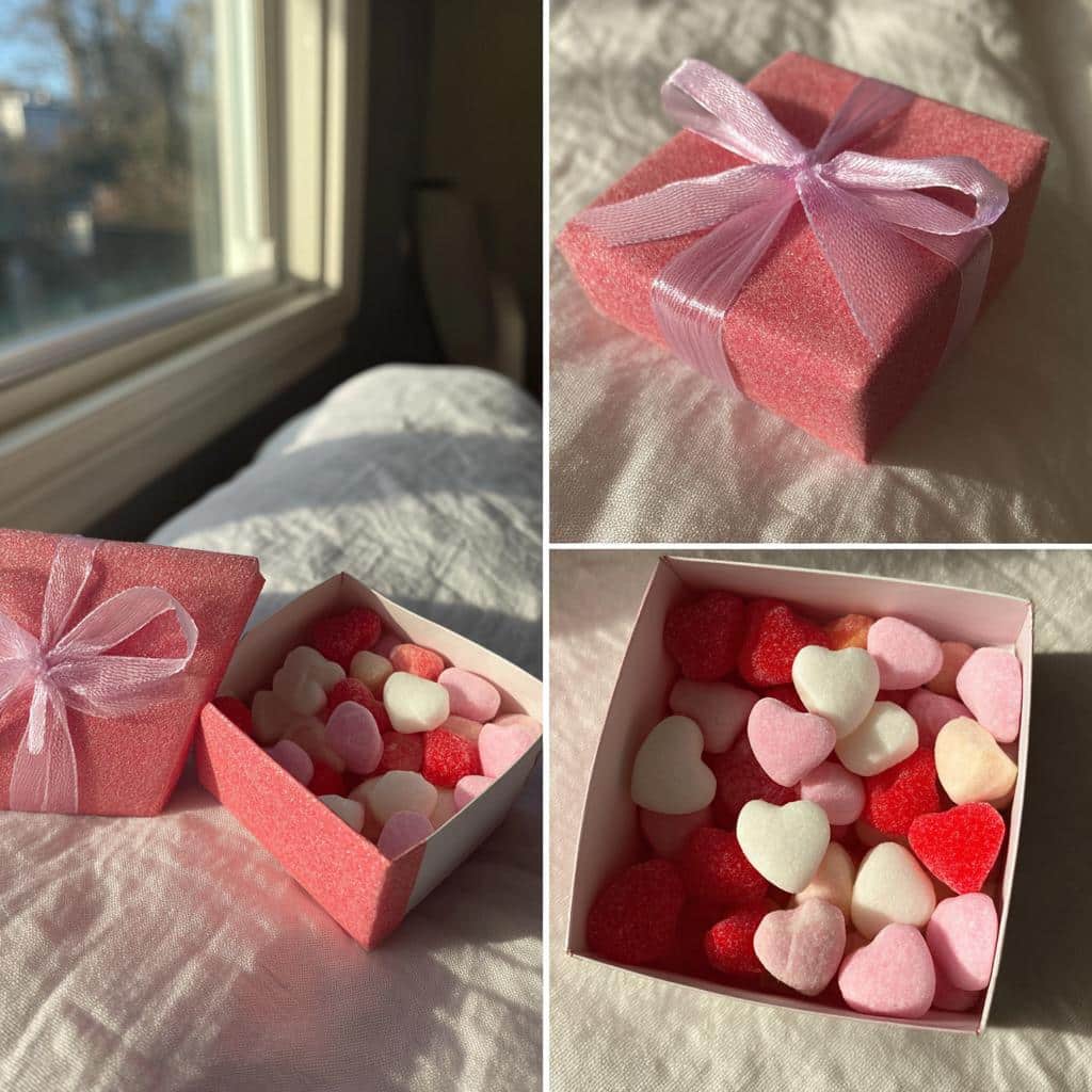 Pink Galentine’s candy gift boxes filled with heart-shaped candies, perfect for a Galentine's Day treat.