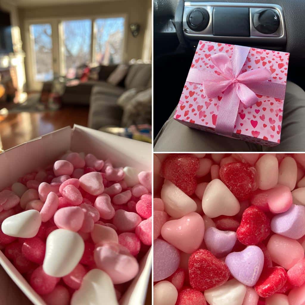Collage of Galentine’s candy gift boxes: a wrapped box and close-ups of heart-shaped candies inside.