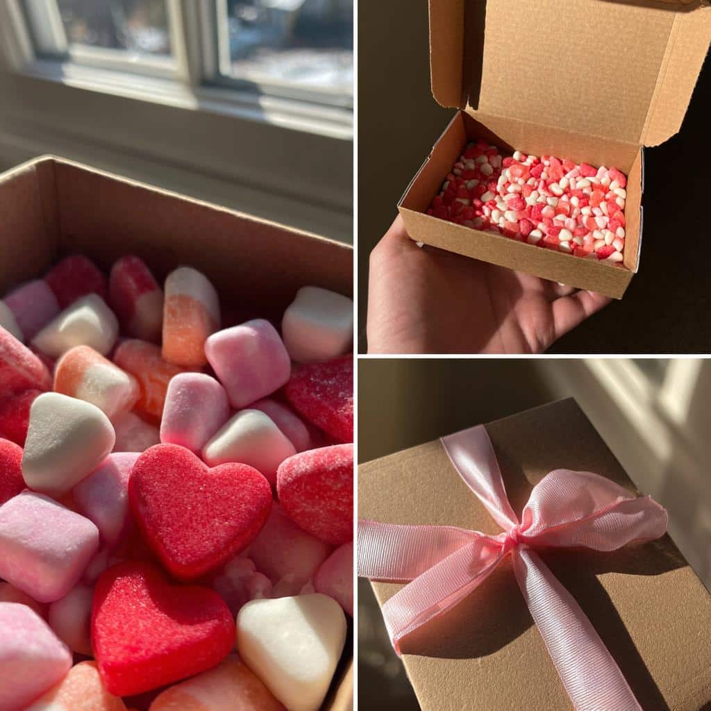 Collage of Galentine’s candy gift boxes filled with heart-shaped and pastel candies, tied with a pink ribbon.