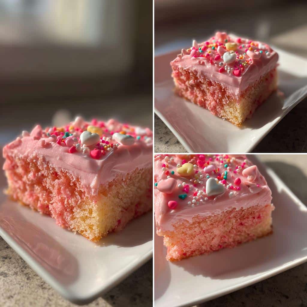 A slice of pink frosted cake with heart sprinkles, perfect Galentine’s Day shareables for a festive gathering.