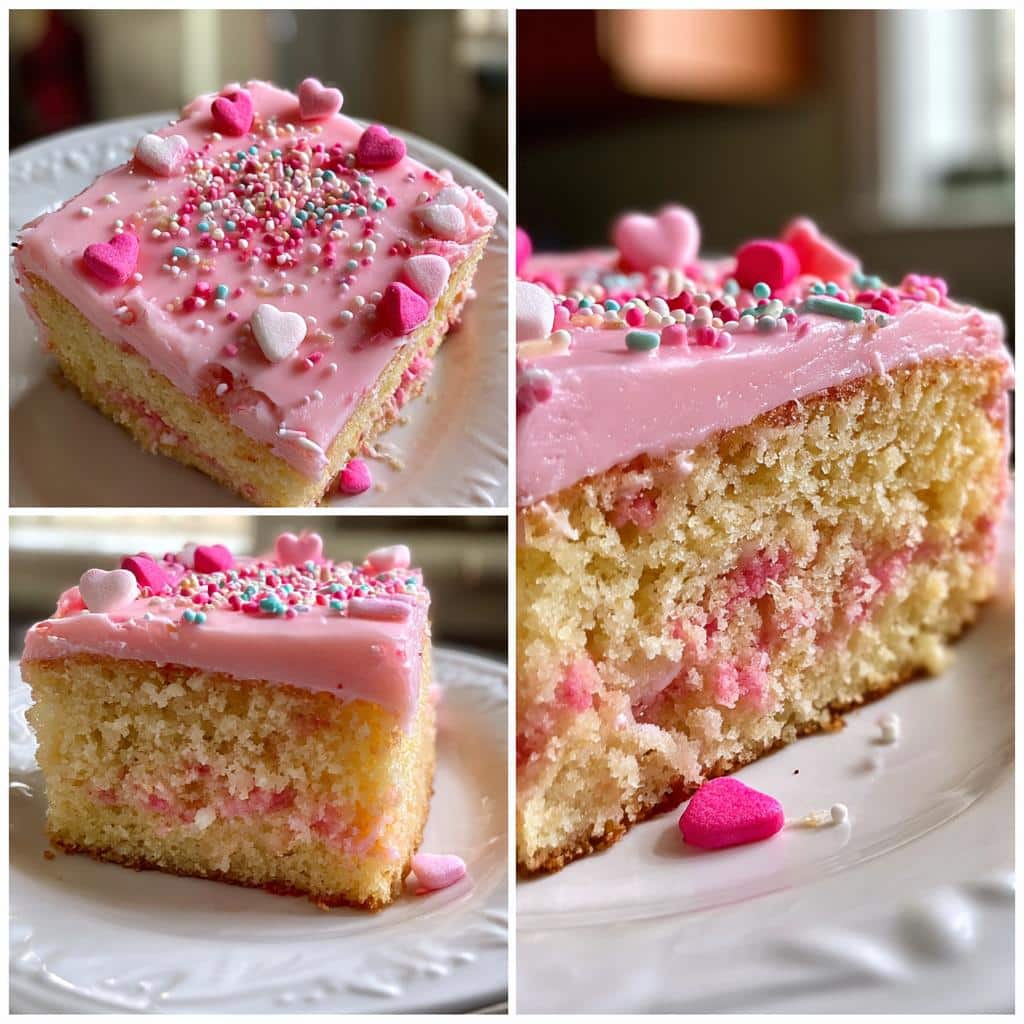 A slice of pink frosted cake with heart sprinkles, perfect Galentine’s Day shareables for your besties.