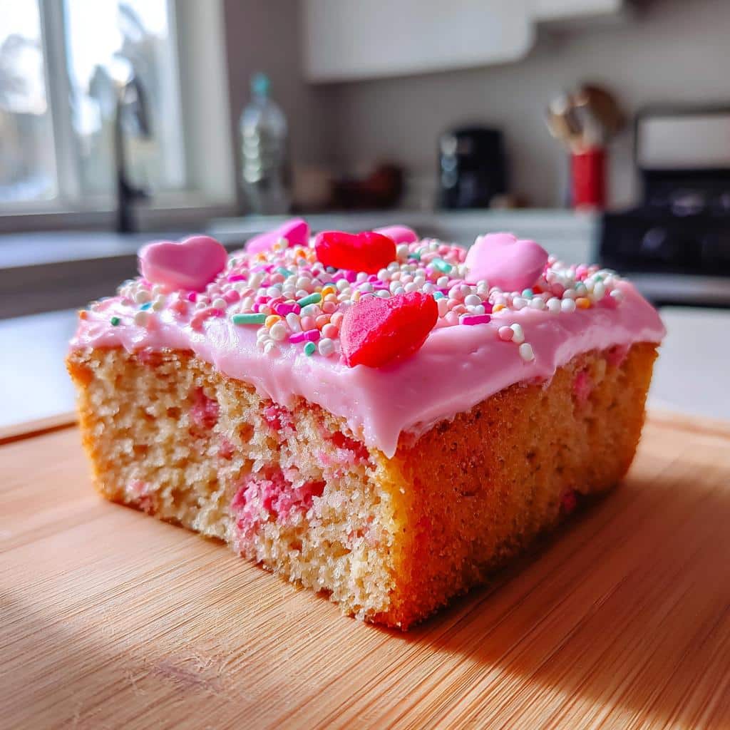 Slice of cake with pink frosting, sprinkles, and heart candies, perfect Galentine’s Day shareables.