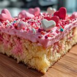 Close-up of a festive cake slice, a Galentine’s Day shareables recipe, with pink frosting, sprinkles, and heart decorations.