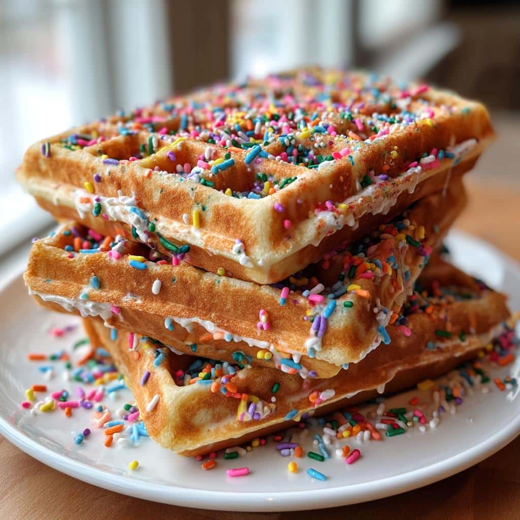 A stack of Galentine’s sprinkle waffles with white icing and colorful sprinkles on a white plate.