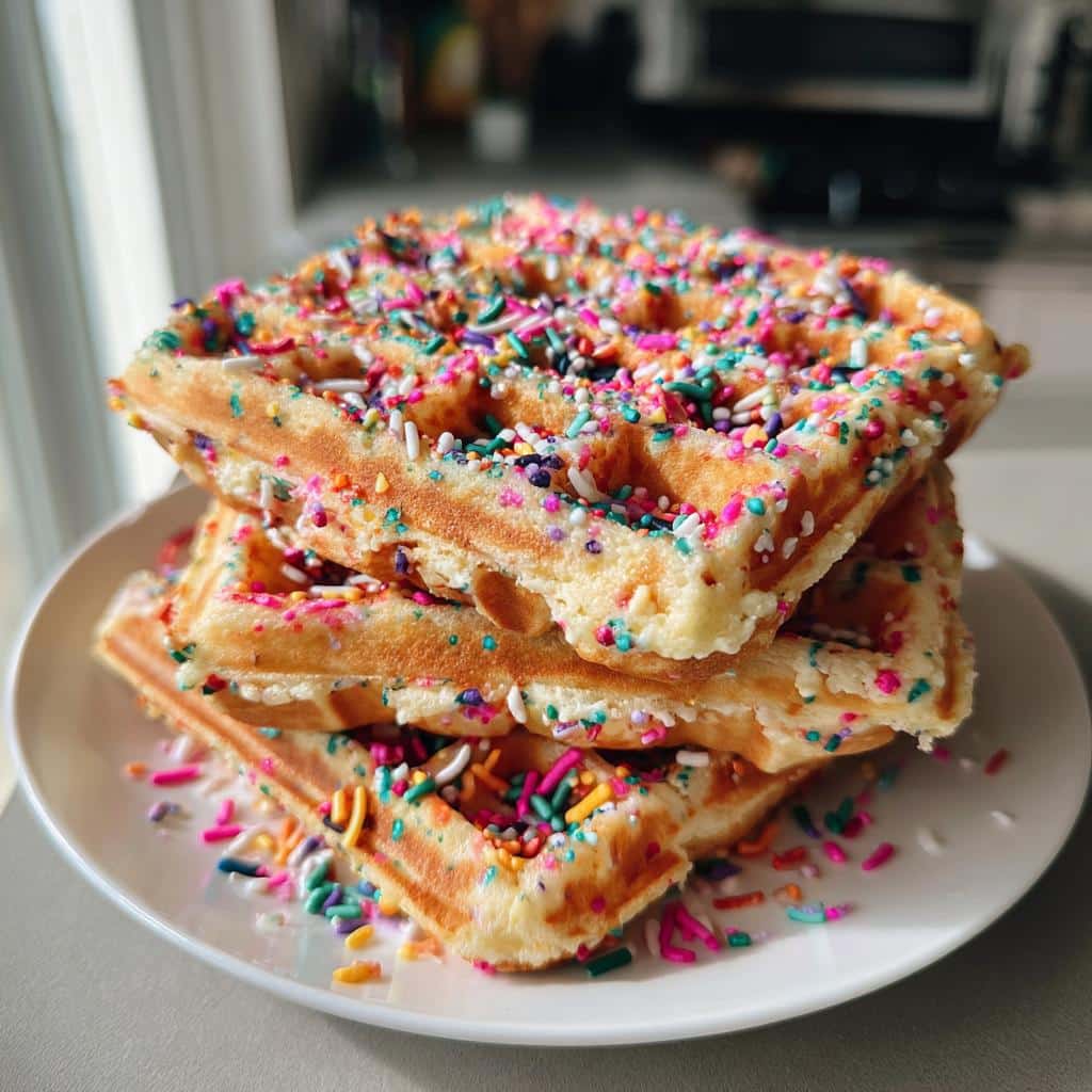 A stack of three Galentine’s sprinkle waffles covered in colorful sprinkles on a white plate.