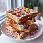 A stack of Galentine’s sprinkle waffles with white icing and colorful sprinkles on a white plate.