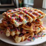 A stack of golden Galentine’s sprinkle waffles on a white plate, generously covered in colorful sprinkles.