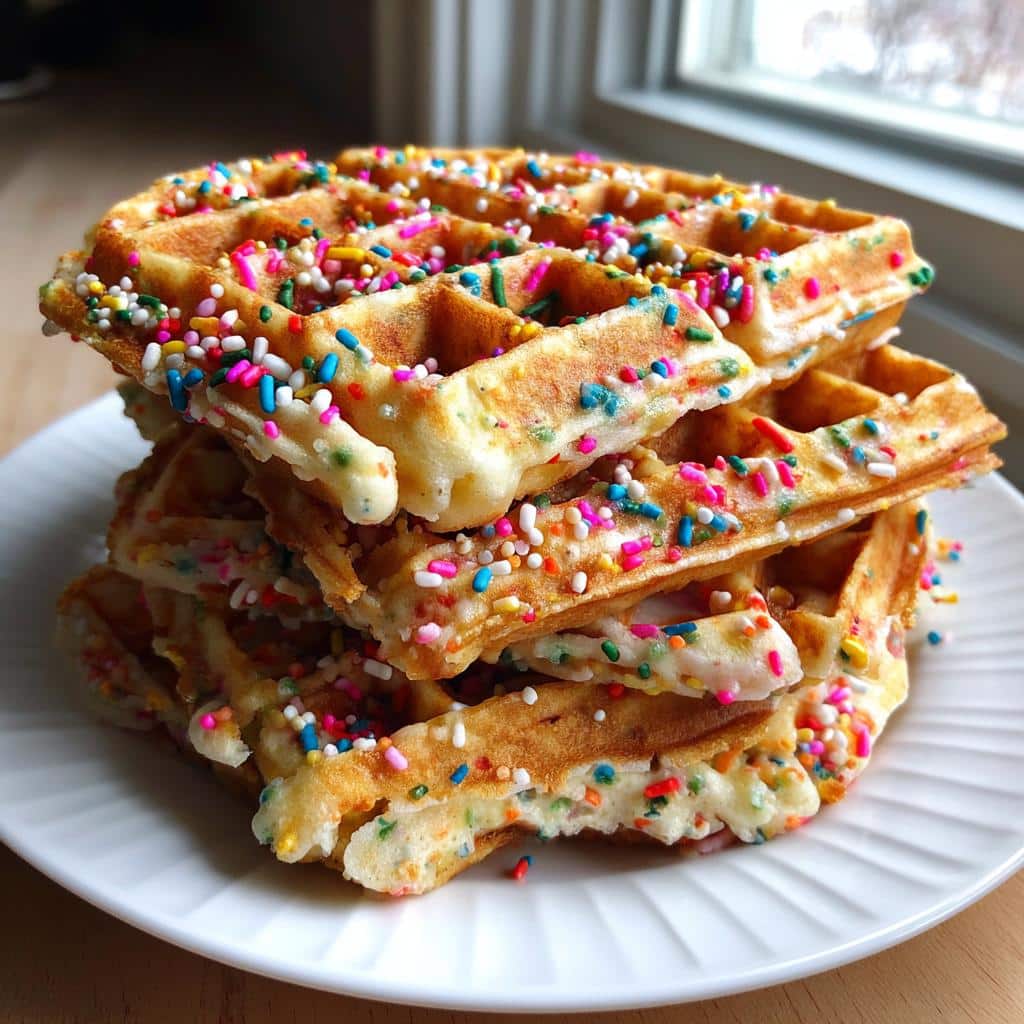 A stack of Galentine’s sprinkle waffles on a white plate, topped with colorful sprinkles.