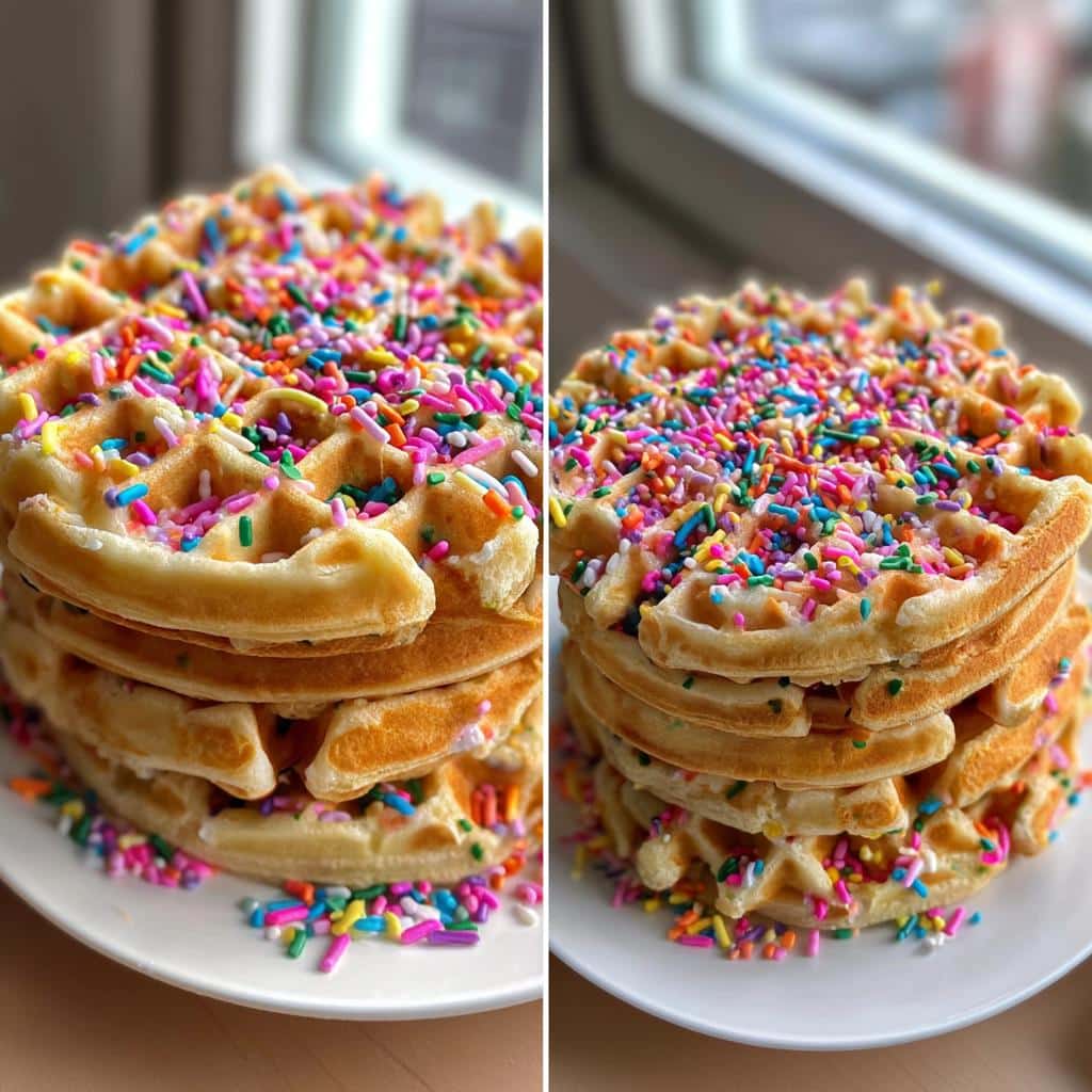 A stack of golden Galentine’s sprinkle waffles topped with colorful sprinkles, ready to eat.