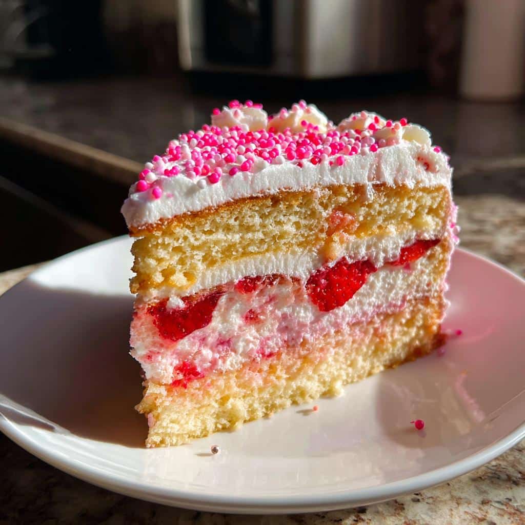 A slice of strawberry layer cake, a gluten-free Valentine dessert, with pink sprinkles and white frosting on a white plate.