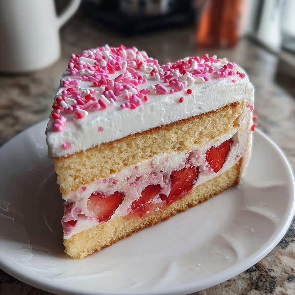 A slice of heart-shaped cake, a gluten-free Valentine dessert, with strawberries and pink sprinkles.