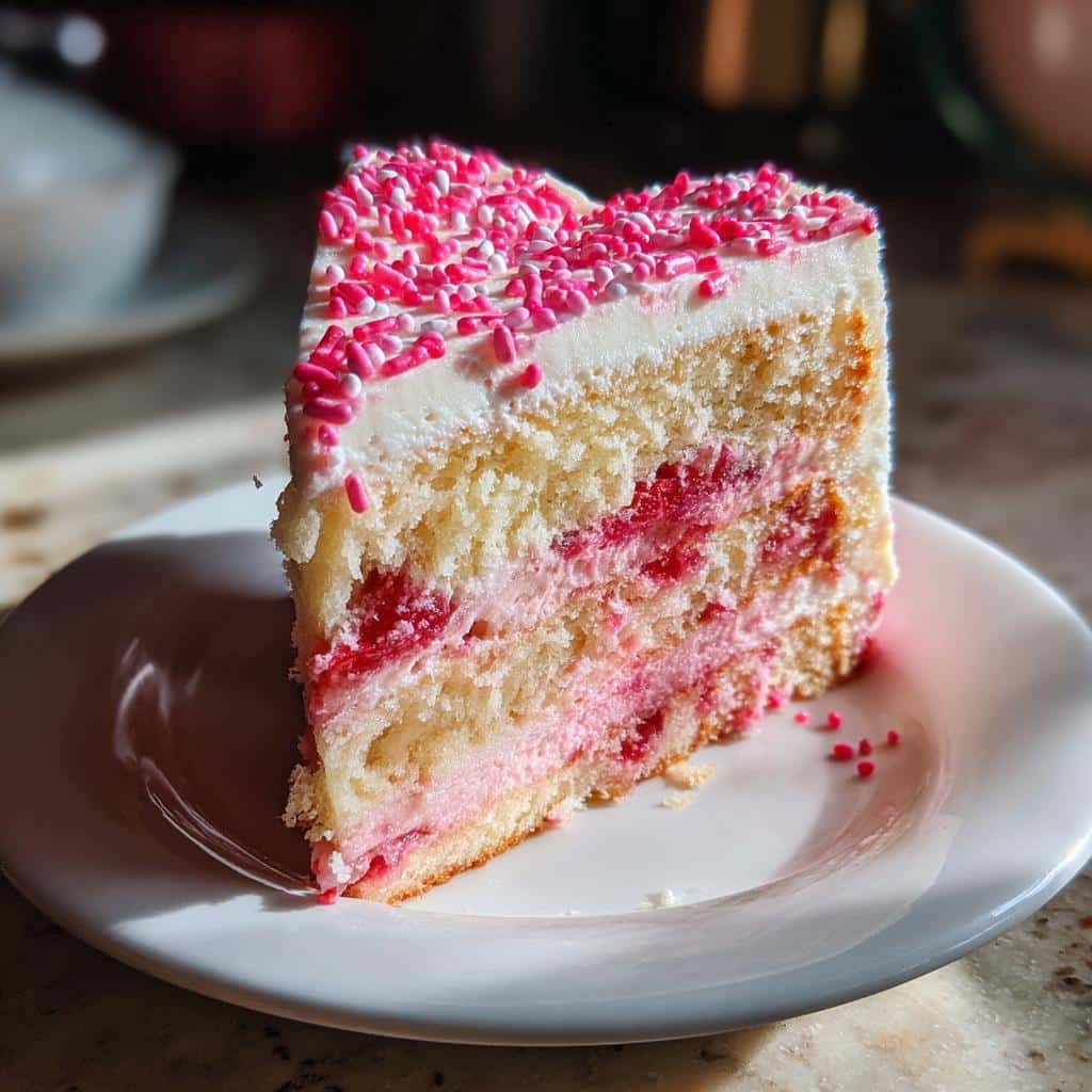 A slice of heart-shaped gluten-free Valentine desserts cake with pink sprinkles, frosting, and raspberry filling on a white plate.