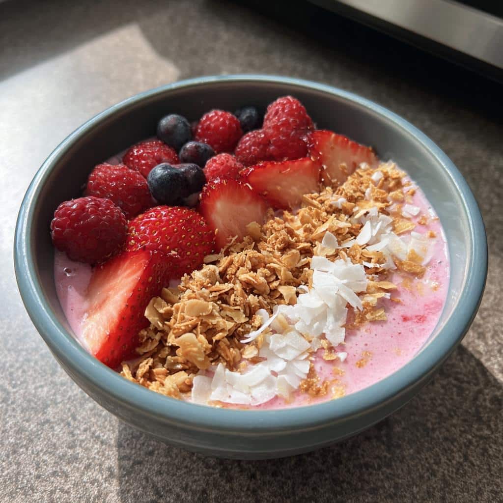 A vibrant healthy pink smoothie bowl topped with fresh strawberries, raspberries, blueberries, granola, and coconut flakes.