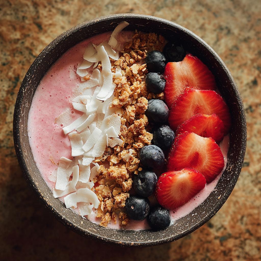 Overhead view of a healthy pink smoothie bowl topped with strawberries, blueberries, coconut flakes, and granola.