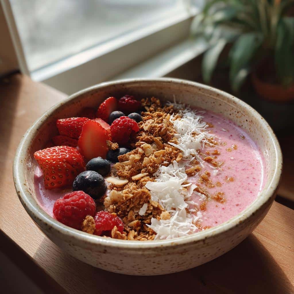 A vibrant healthy pink smoothie bowl topped with fresh strawberries, blueberries, raspberries, granola, and coconut flakes.