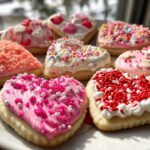 A plate of heart-shaped cookies decorated with frosting and sprinkles from a Valentine’s cookie kit.