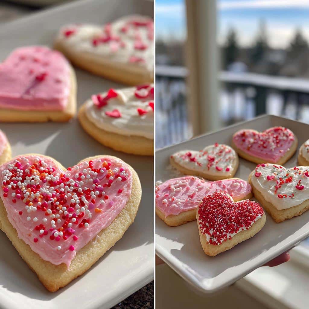 Heart-shaped cookies decorated with pink and white frosting and sprinkles, part of a Valentine’s cookie kit.