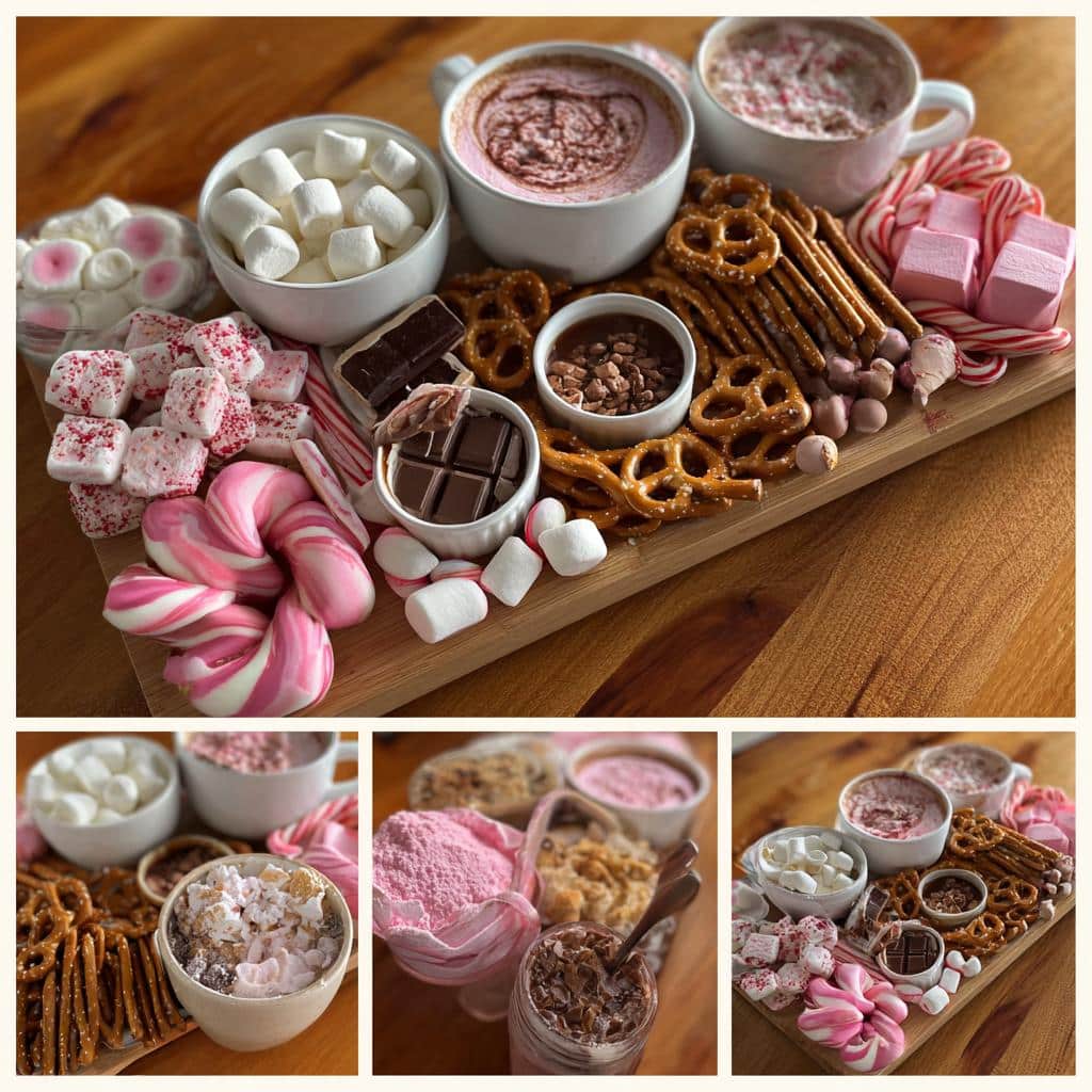 A beautiful hot chocolate charcuterie board with mugs, marshmallows, pretzels, chocolate, and candies.
