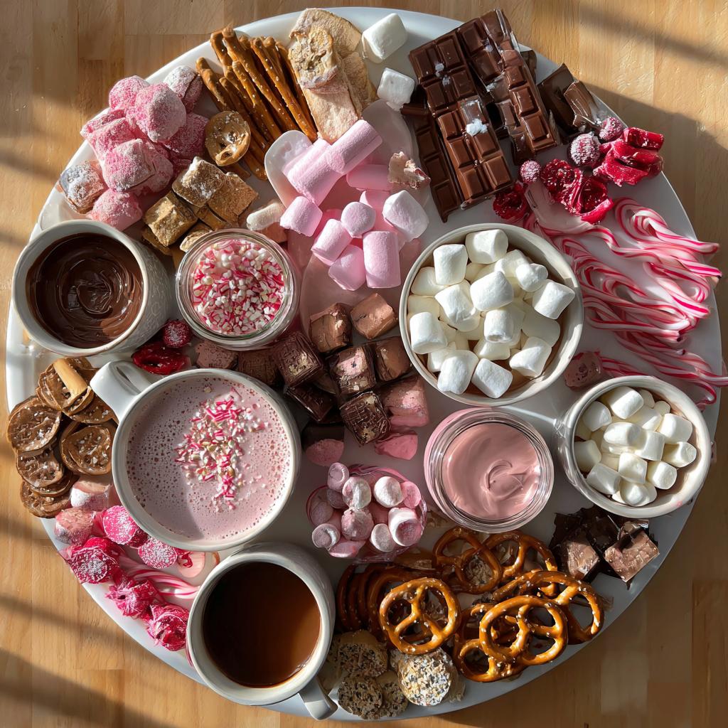 Overhead shot of a hot chocolate charcuterie board filled with marshmallows, pretzels, chocolate, and candy canes.