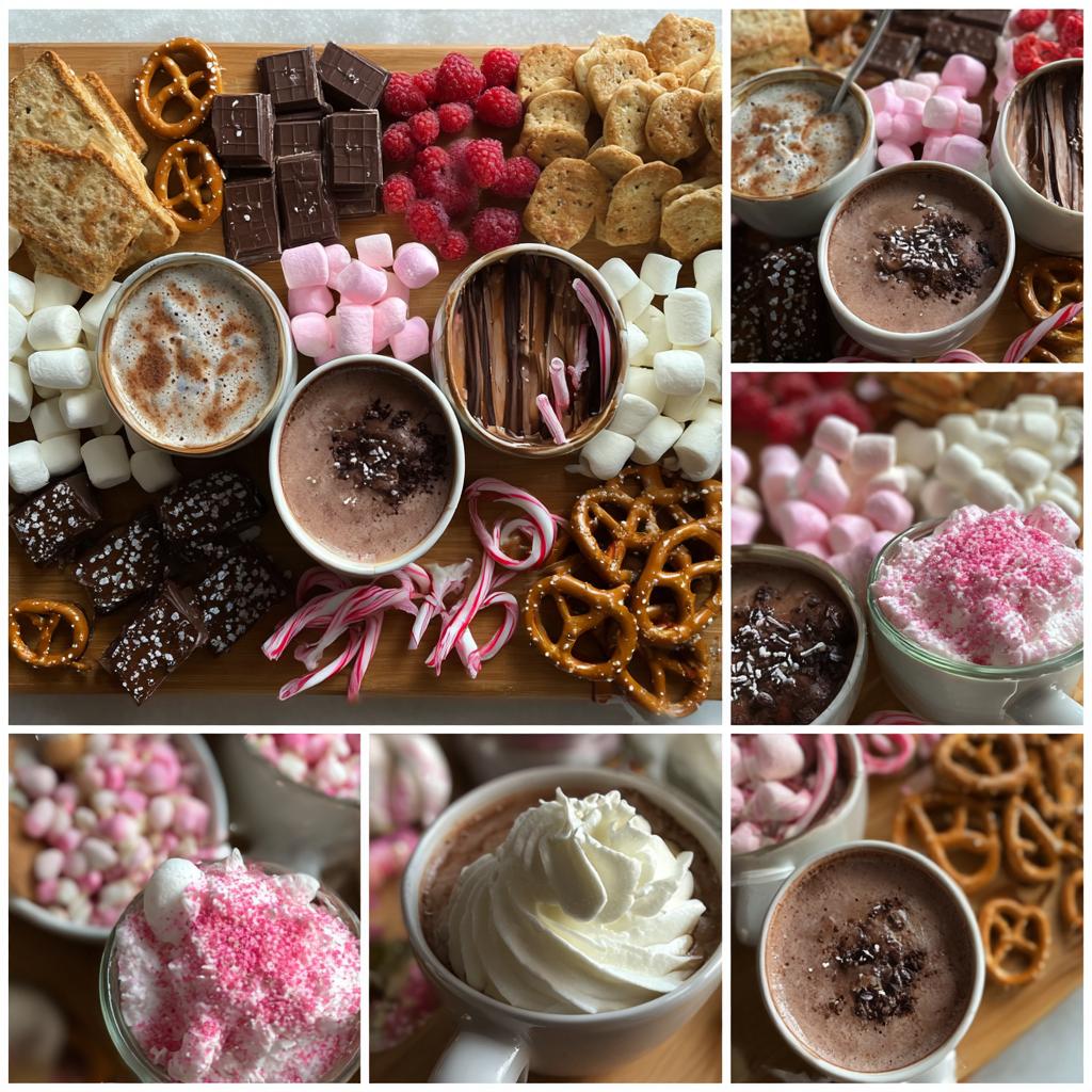 A colorful hot chocolate charcuterie board with mugs of hot chocolate, marshmallows, pretzels, and other toppings.