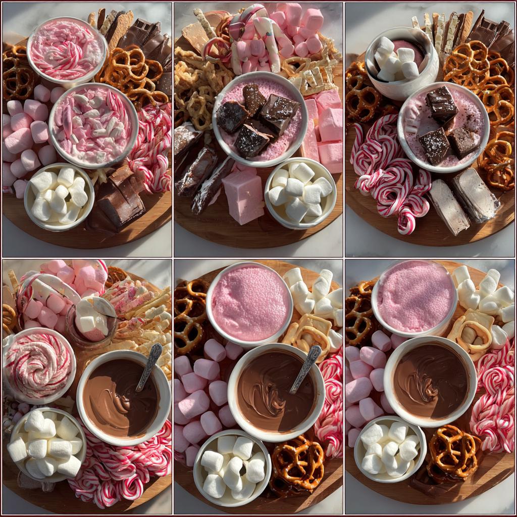 Collage of a hot chocolate charcuterie board featuring marshmallows, pretzels, and various toppings.