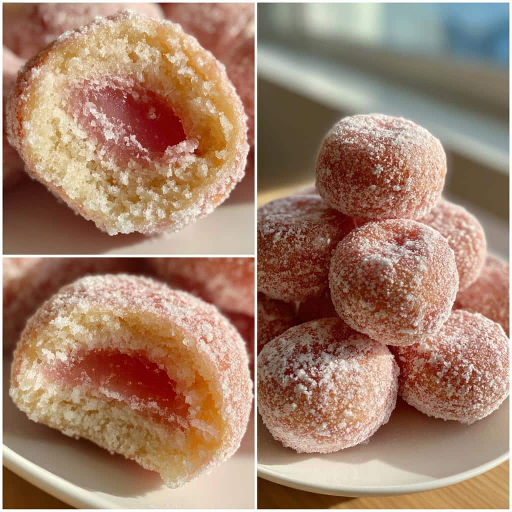 Close-up collage of Mochi donut minis, some whole and some cut in half to show the inside.