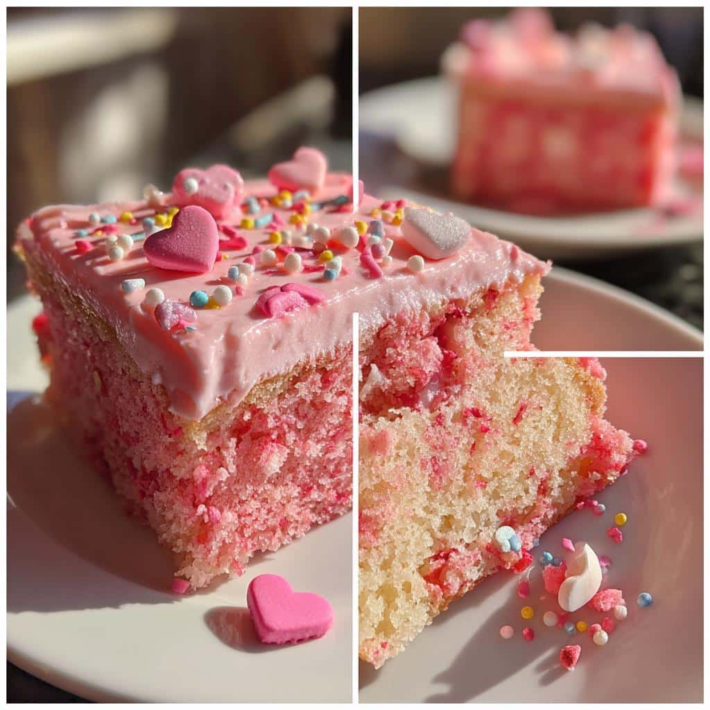 A slice of pink cake with heart sprinkles, perfect Galentine’s Day shareables for a festive celebration.