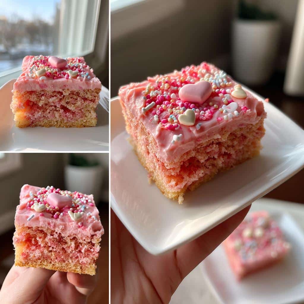 A slice of pink cake with frosting and heart sprinkles, perfect for Galentine’s Day shareables.