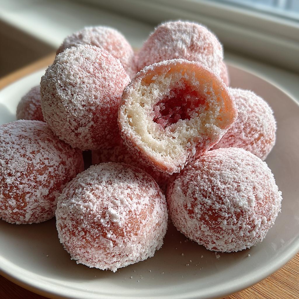 A pile of pink mochi donut minis, dusted with powdered sugar, one cut open to show the filling.