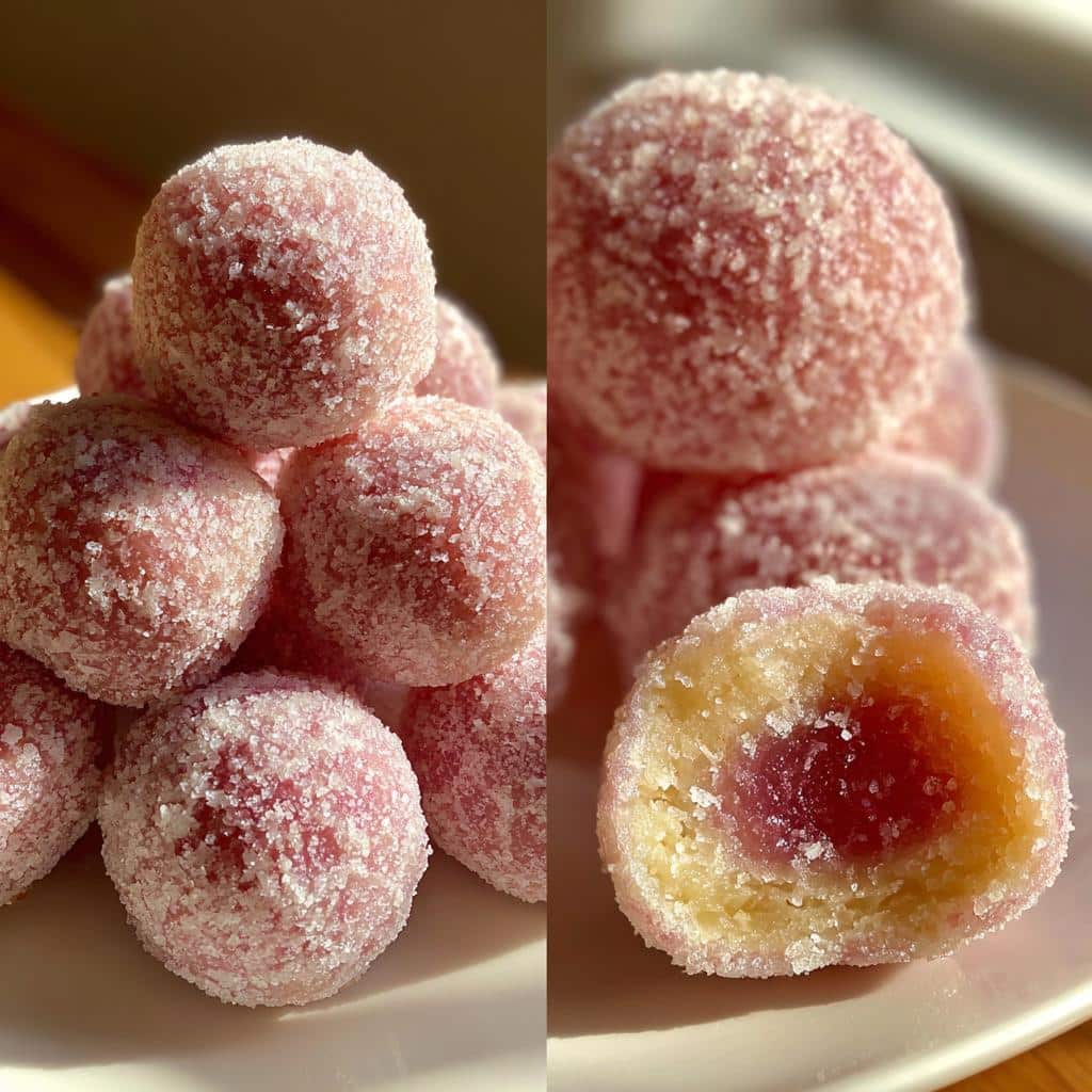 A stack of pink mochi donut minis, one donut cut in half to reveal the inside.