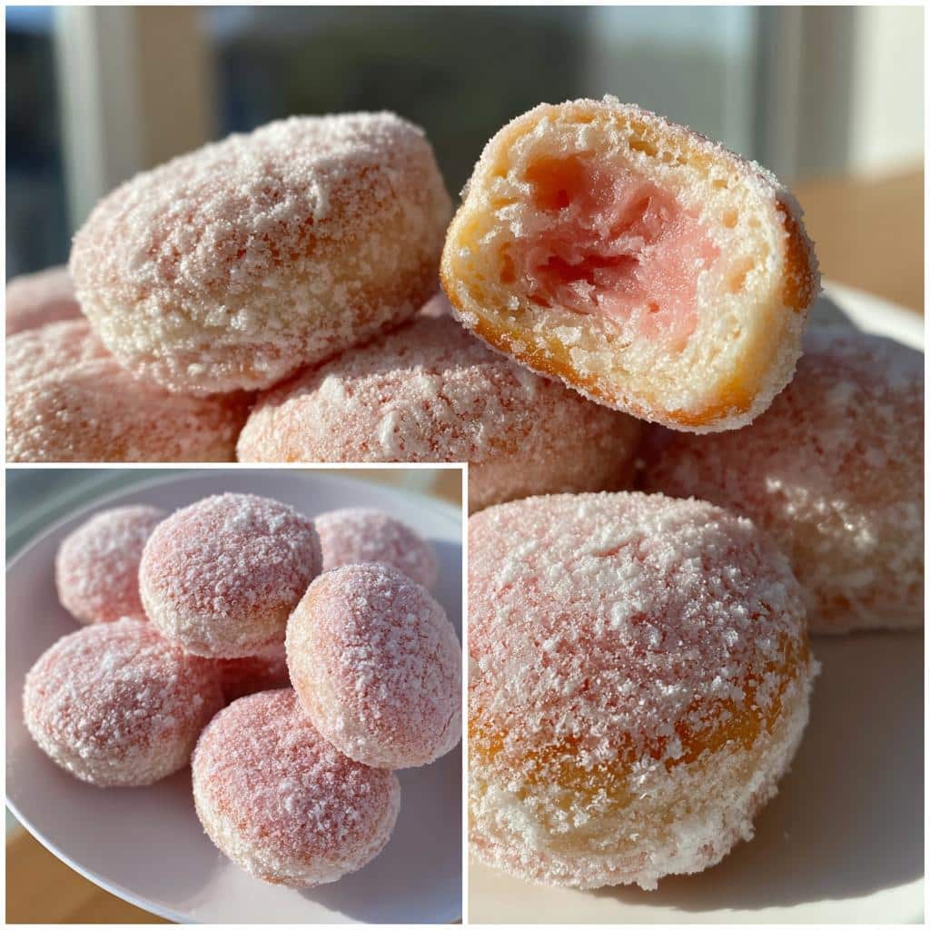 A collage of pink mochi donut minis, some whole and some cut open to show the pink interior.