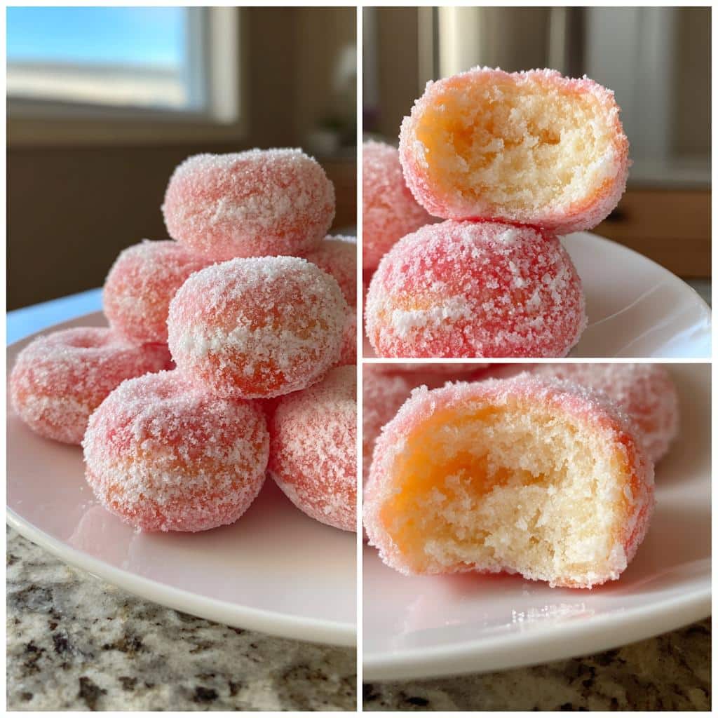 Close-up of pink mochi donut minis coated in sugar, some with bites taken out to show the texture.